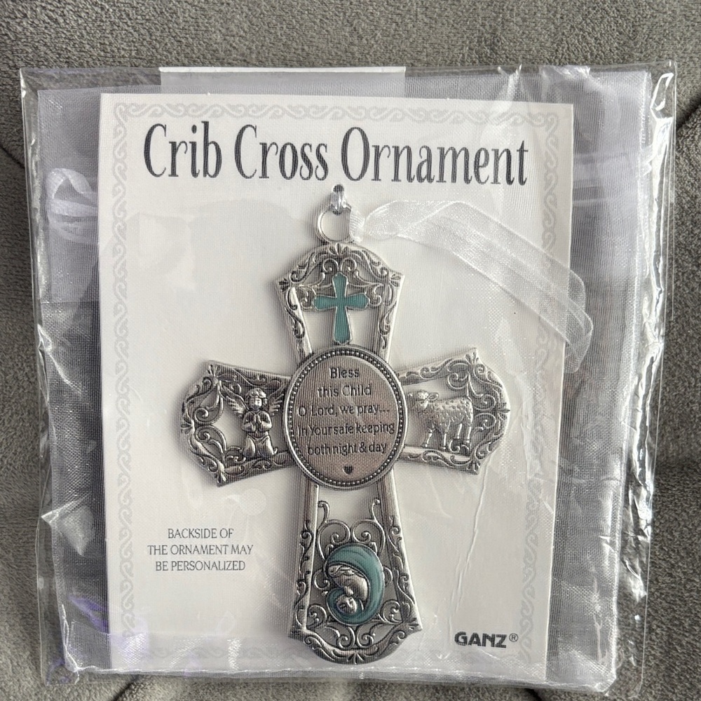 GANZ Silver Crib Cross Ornament with Teal Accents